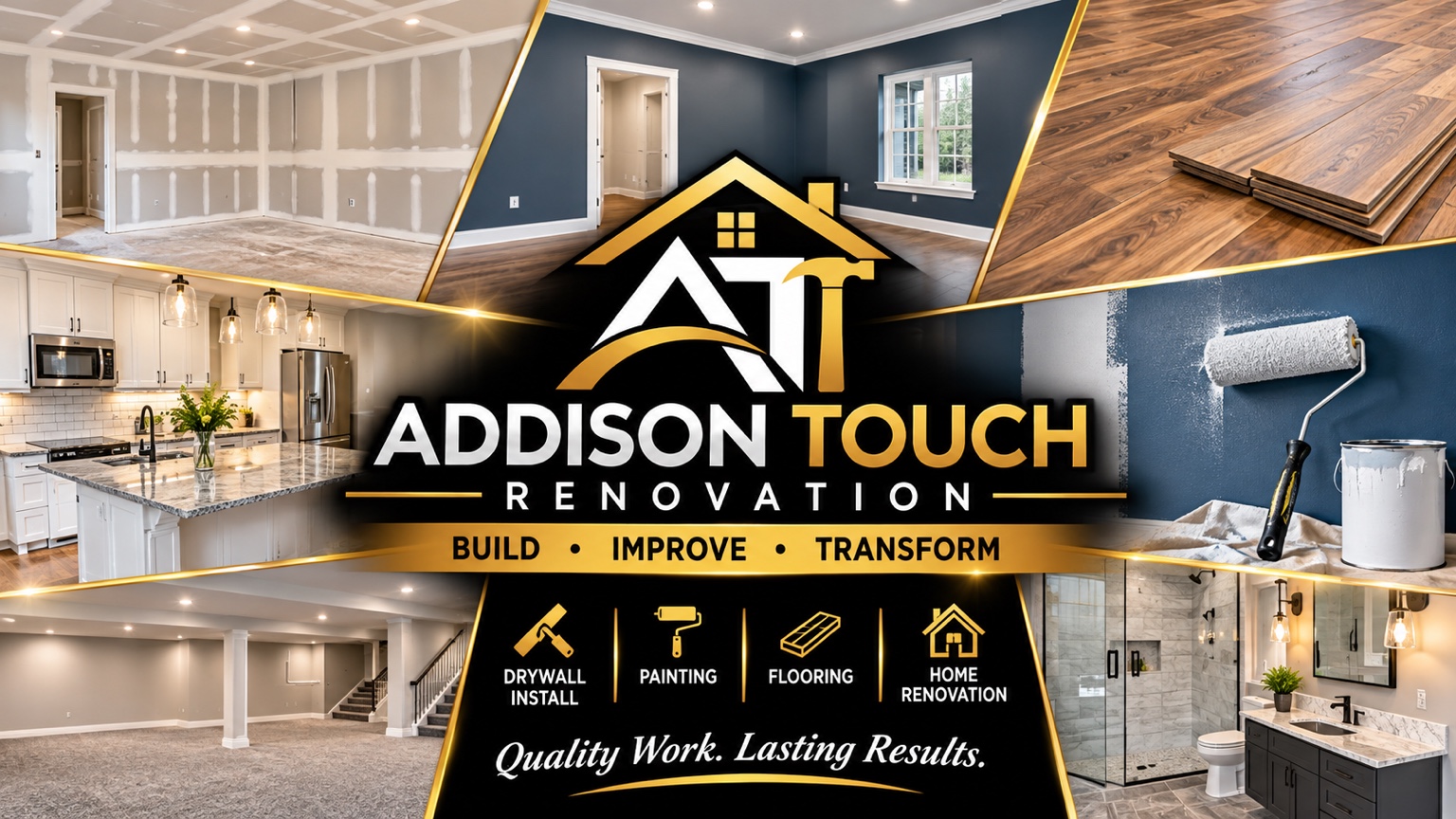 Addison Touch Renovation brand collage featuring renovation work, interiors, and the company logo